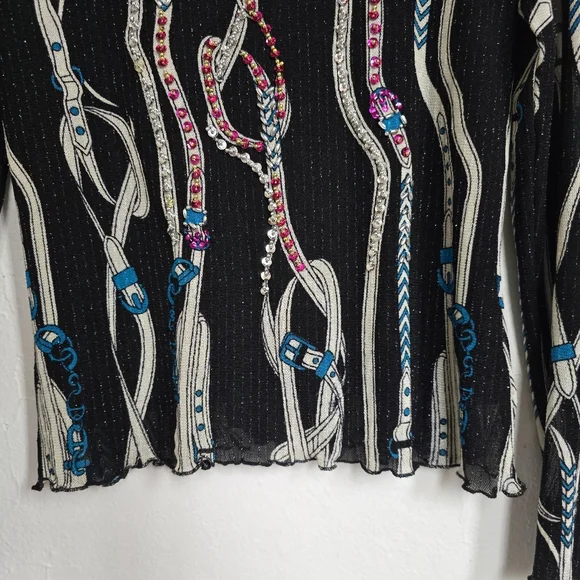 AZI Jeans Sheer Mesh Belt Print Beaded Y2K Top Size M - Picture 9 of 16